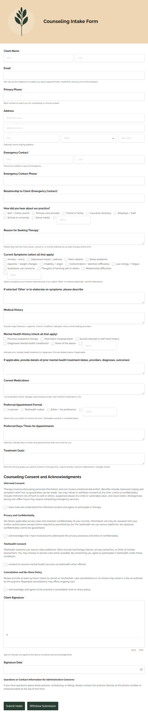 Go to Counseling Intake Form template