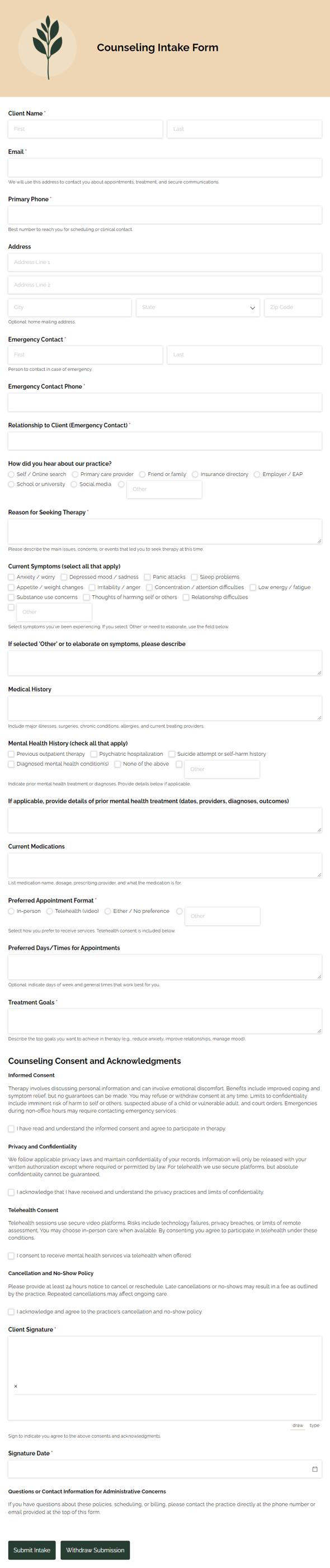 Go to Counseling Intake Form template
