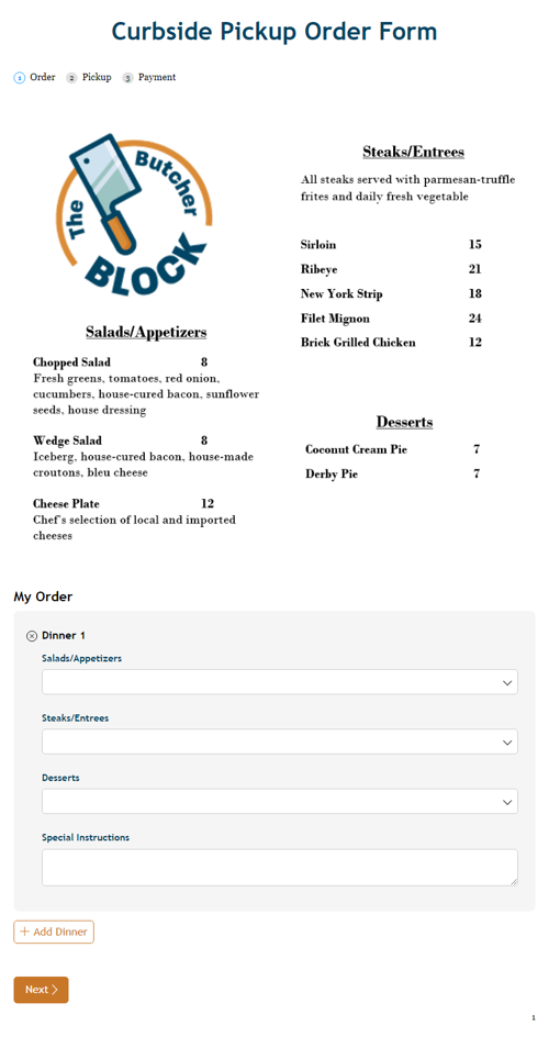 Go to Curbside Pickup Order Form template