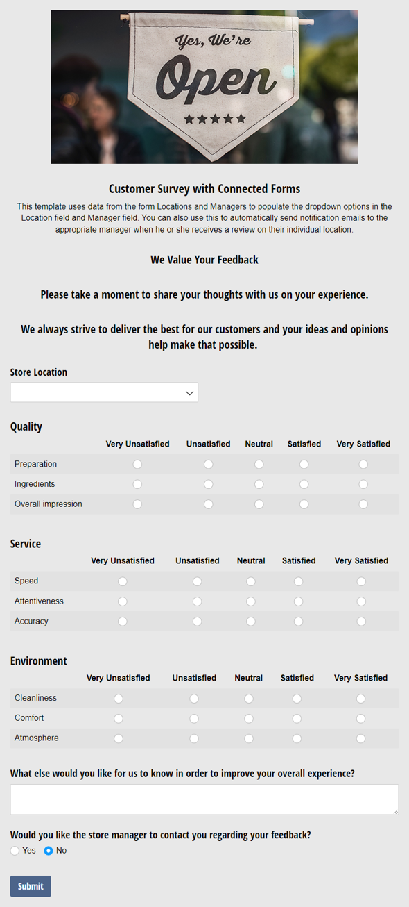 Go to Customer Survey with Connected Store Info Form template
