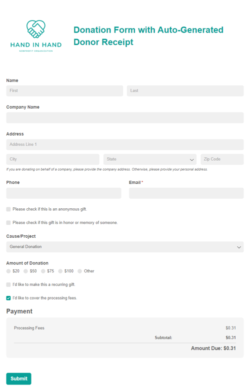 Go to Donation Form Template with Auto-Generated Donor Receipt template