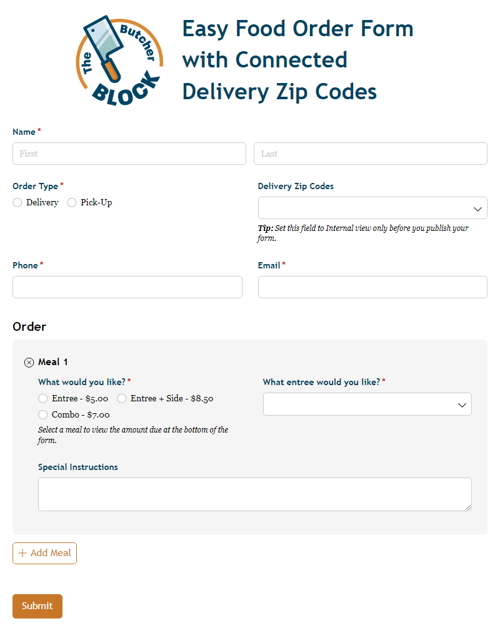 Go to Easy Food Order Form with Connected Delivery Zip Codes template