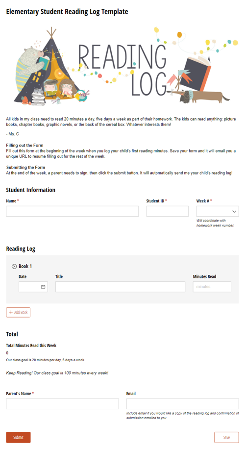 Go to Elementary Student Reading Log template