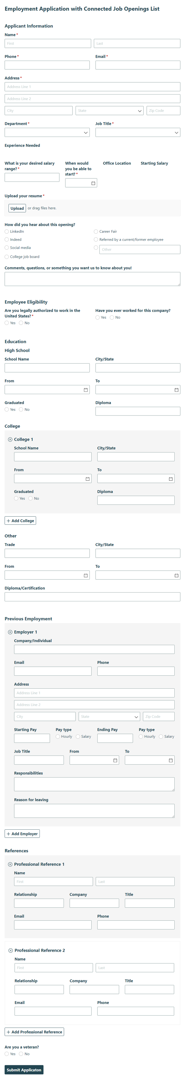 Go to Employment Application with Connected Job Openings List template