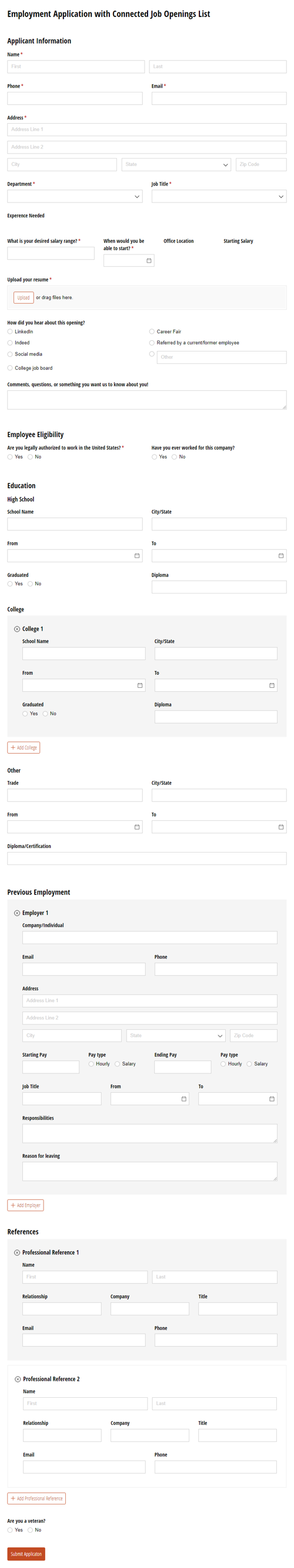 Go to Employment Application with Connected Job Openings List template