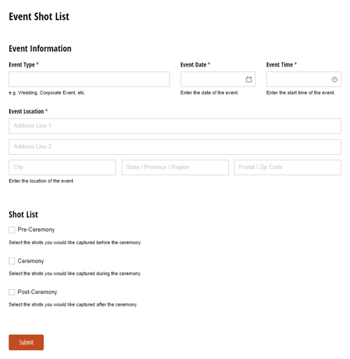 Go to Event Shot List template