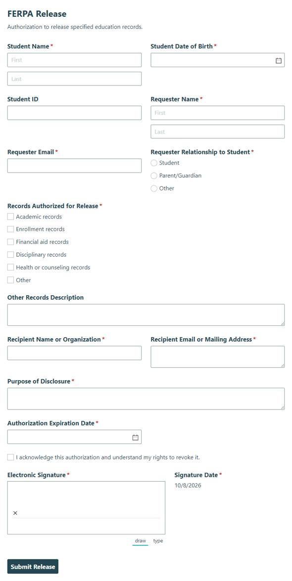Go to FERPA Release Form template