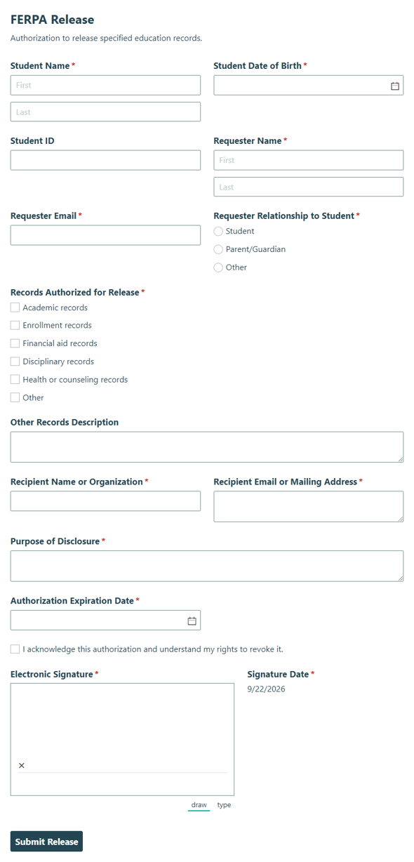 Go to FERPA Release Form template