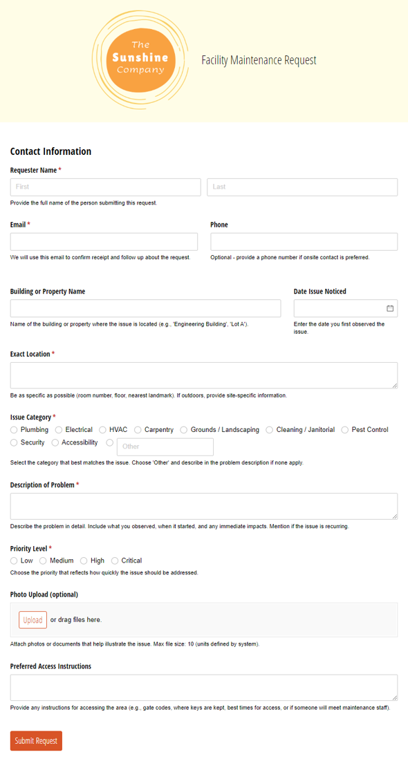 Go to Facility Maintenance Request template