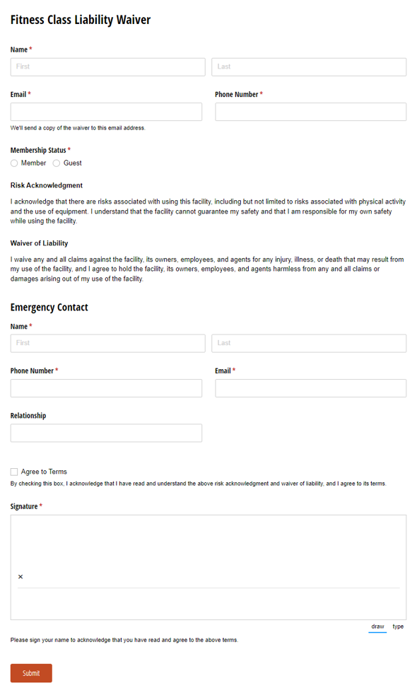 Go to Fitness Class Liability Waiver Form Template template
