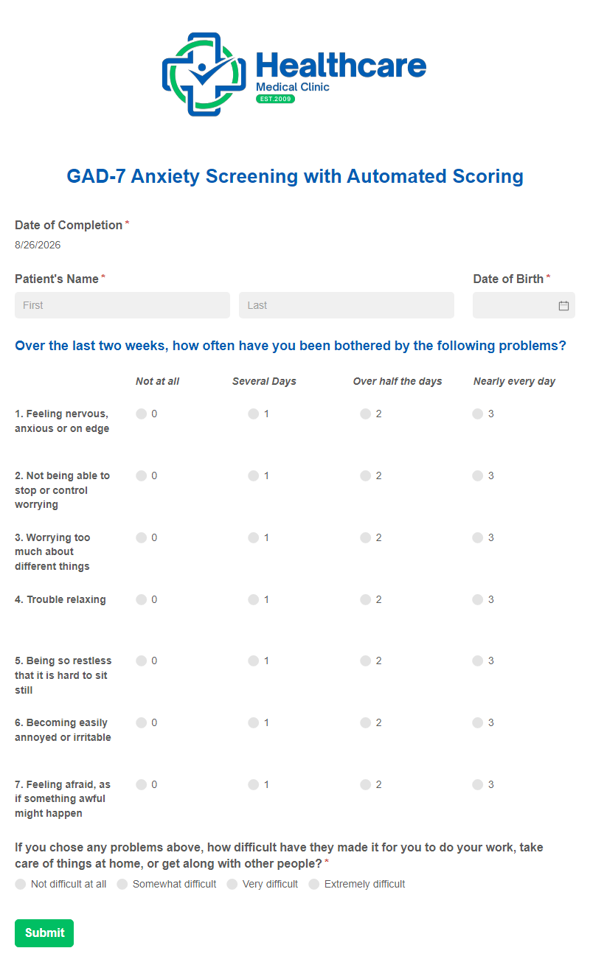 Go to GAD-7 Anxiety Screening Template with Automated Scoring template