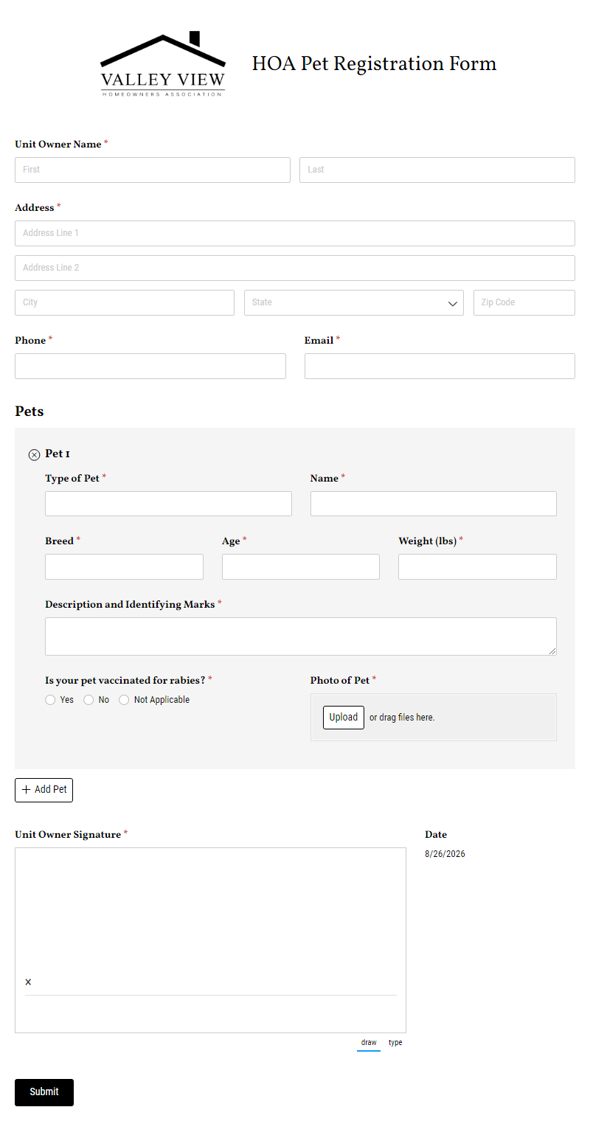 Go to HOA Pet Registration Form template