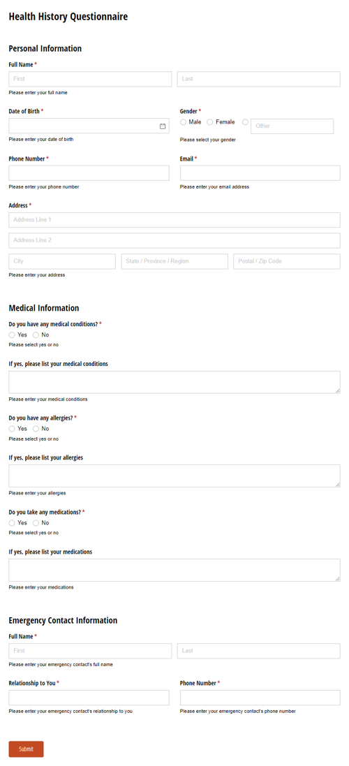 Go to Health History Questionnaire template