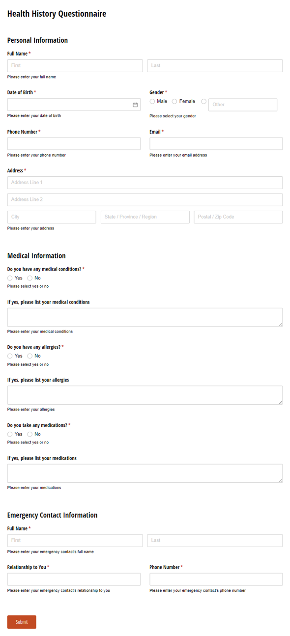 Go to Health History Questionnaire template