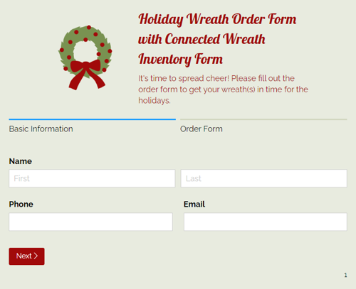 Go to Holiday Wreath Order Form with Connected Wreath Inventory Form template