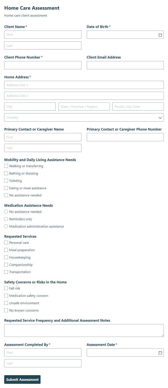 Go to Home Care Assessment template