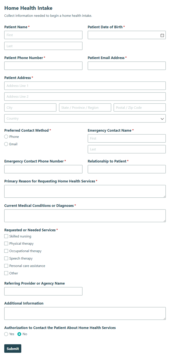 Go to Home Health Intake template