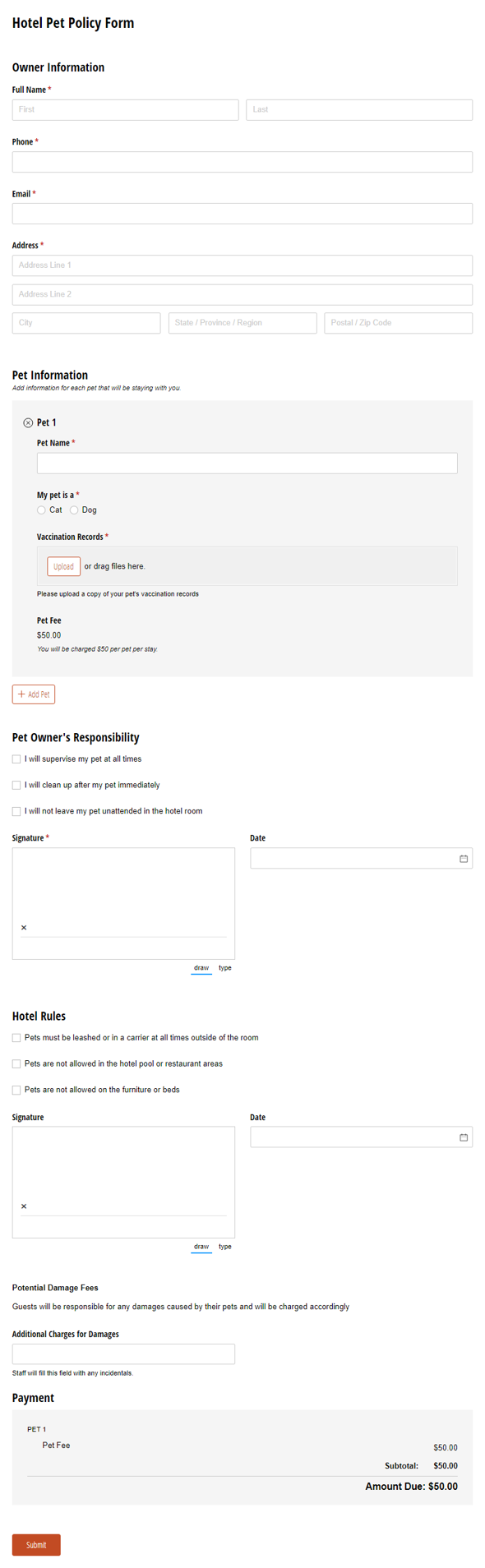 Go to Hotel Pet Policy Form template