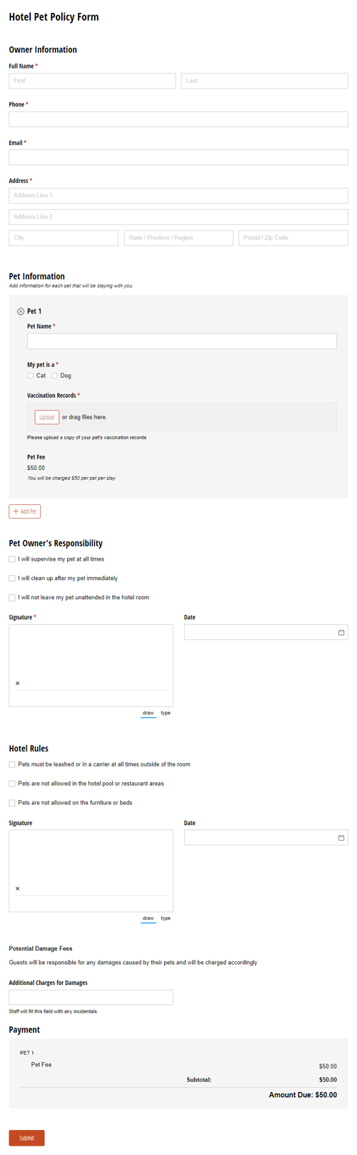 Go to Hotel Pet Policy Form template