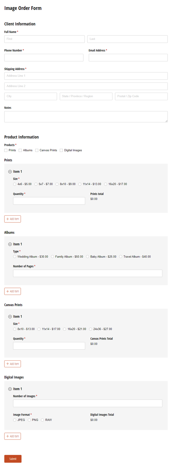 Go to Image Order Form template