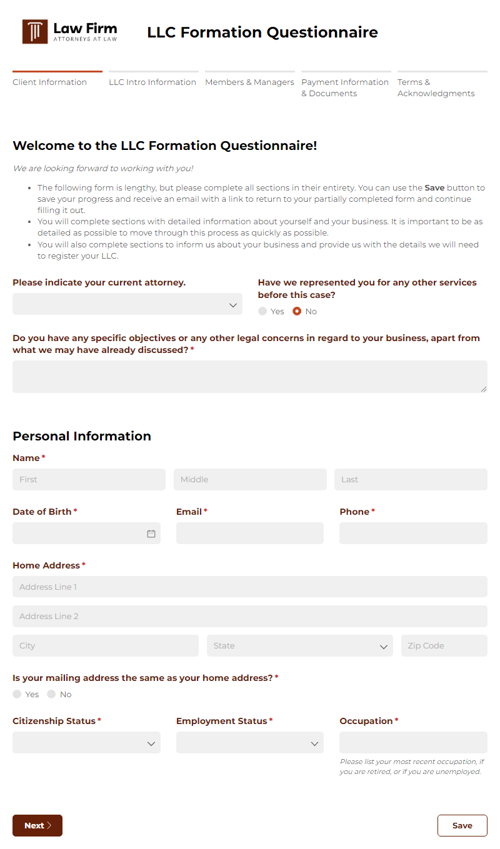 Go to LLC Formation Questionnaire template