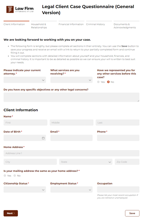 Go to Legal Client Case Questionnaire (General Version) template