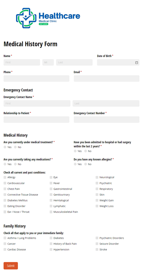 Go to Medical History Form template