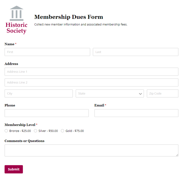Go to Membership Dues template