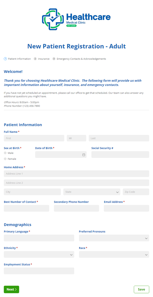 Go to New Patient Registration - Adults template