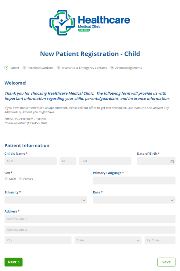 Go to New Patient Registration - Children template