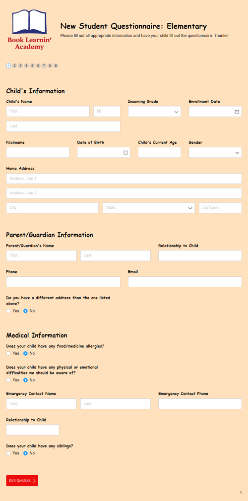 Go to New Student Questionnaire - Elementary template