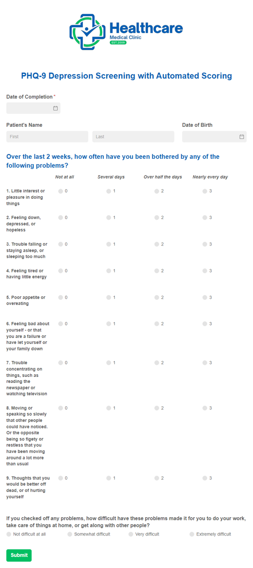 Go to PHQ-9 Depression Screening Template with Automated Scoring template