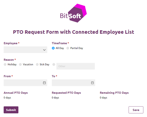 Go to PTO Request Form with Connected Employee List template