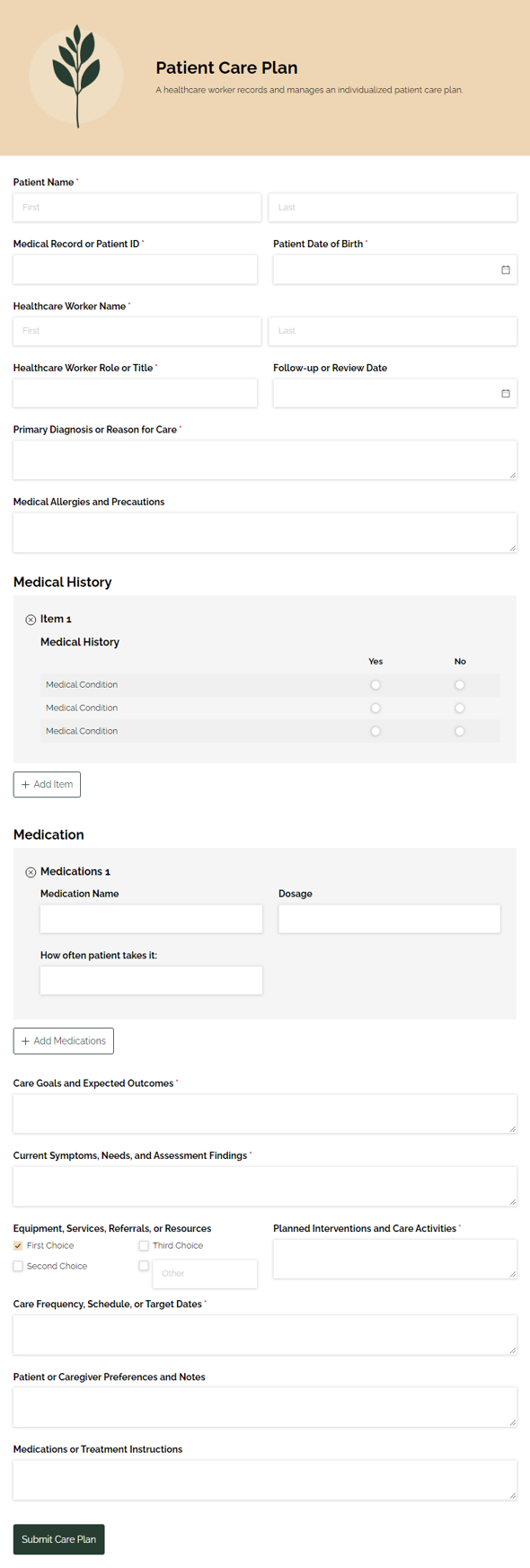 Go to Patient Care Plan template