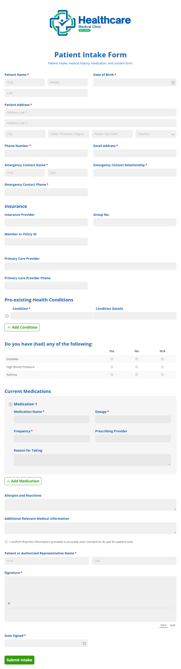 Go to Patient Intake Form template