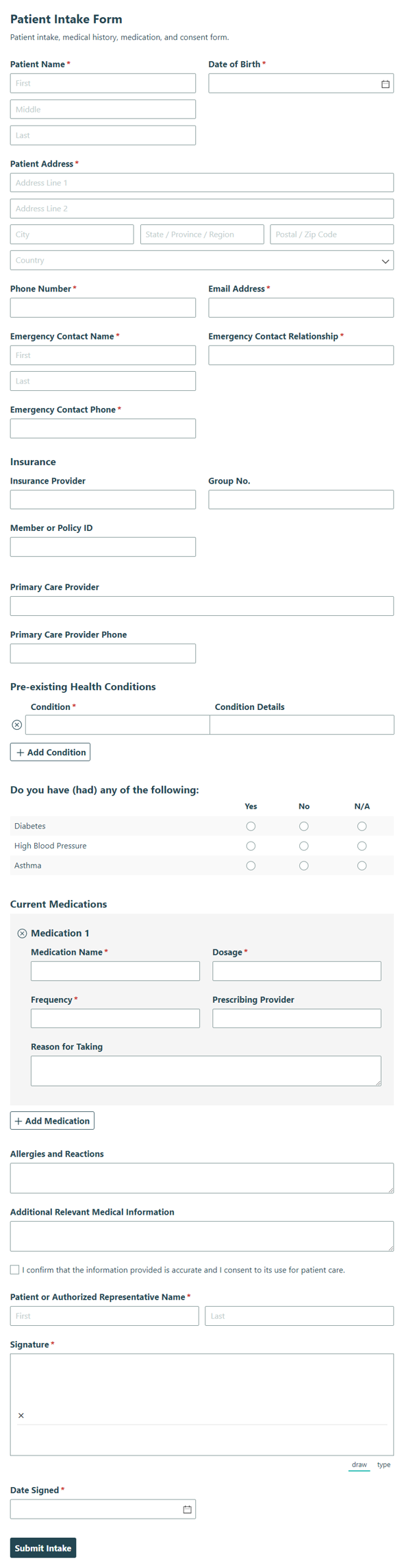 Go to Patient Intake Form template