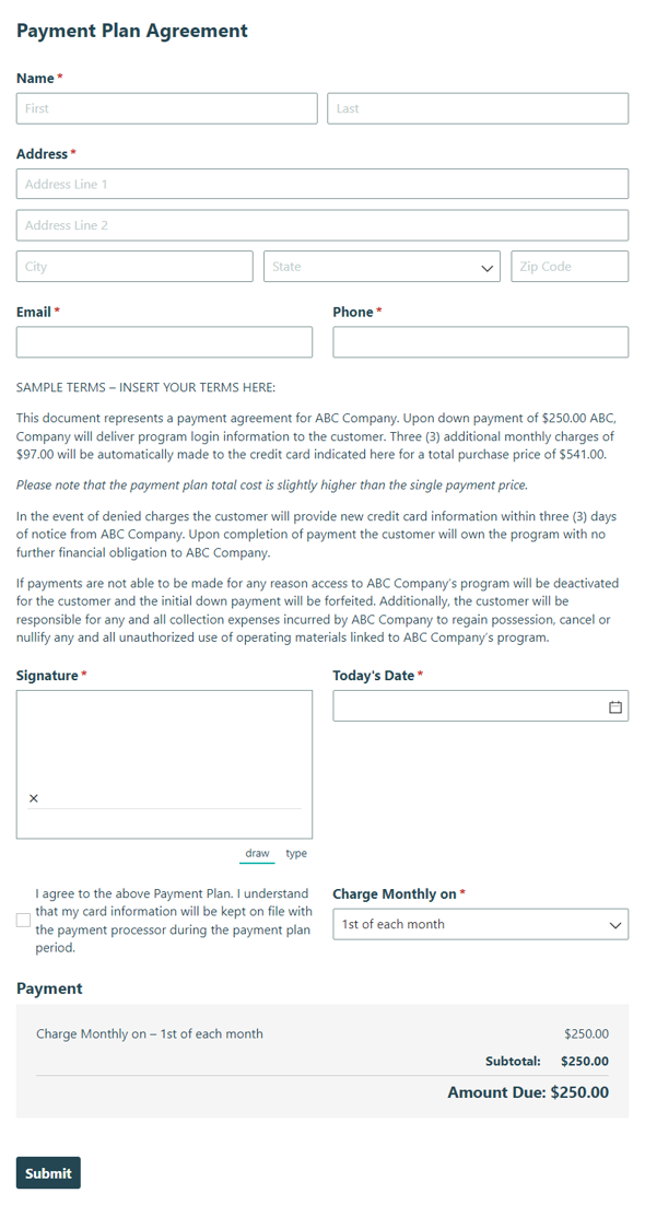 Go to Payment Plan Agreement template