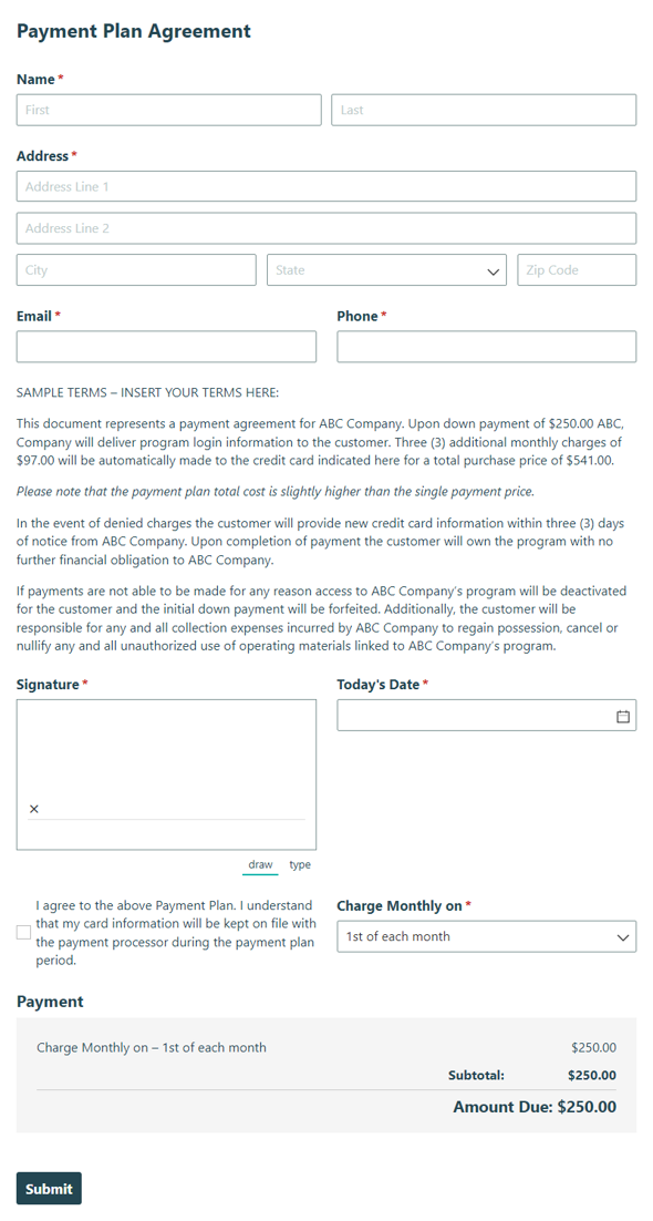 Go to Payment Plan Agreement template