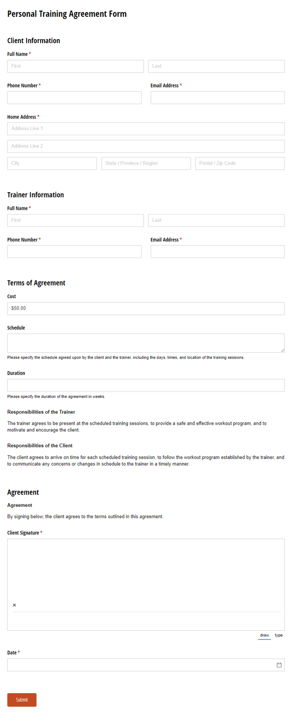Go to Personal Training Agreement template