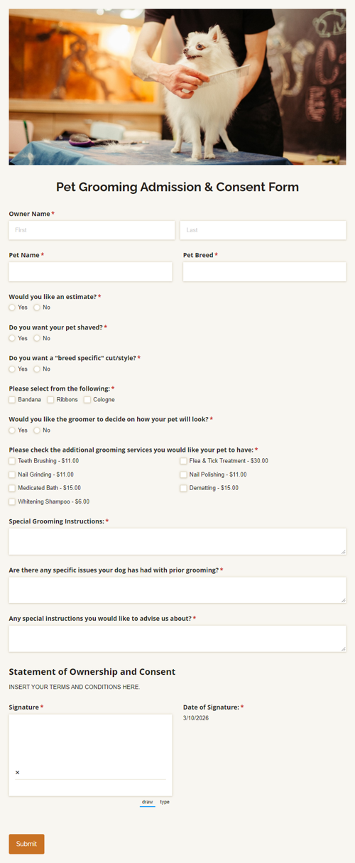 Go to Pet Grooming Admission & Consent Form template