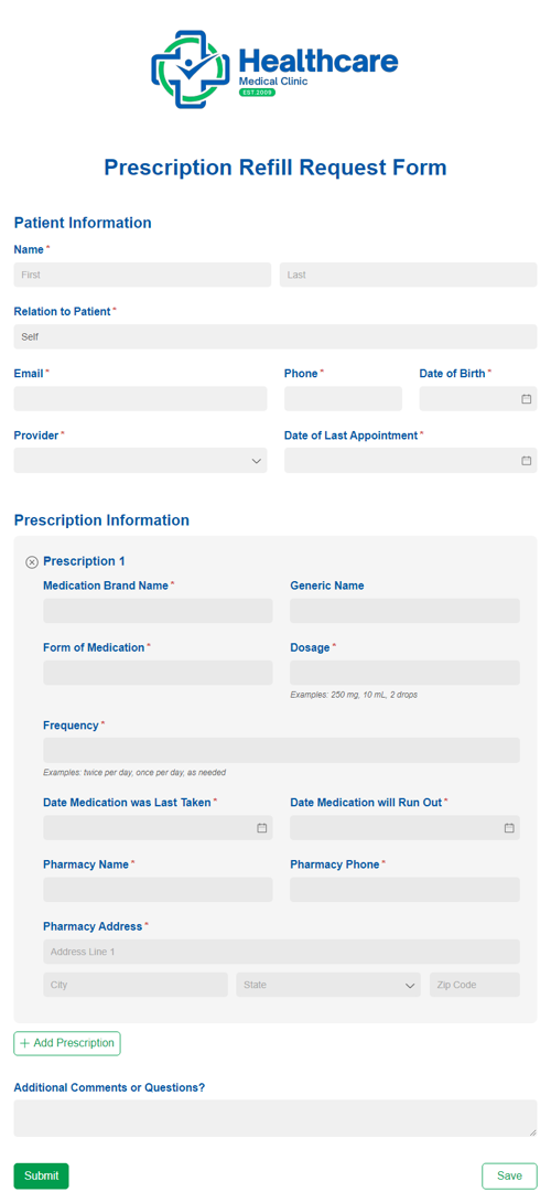 Go to Prescription Refill Request template