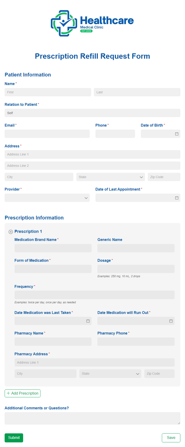 Go to Prescription Refill Request template