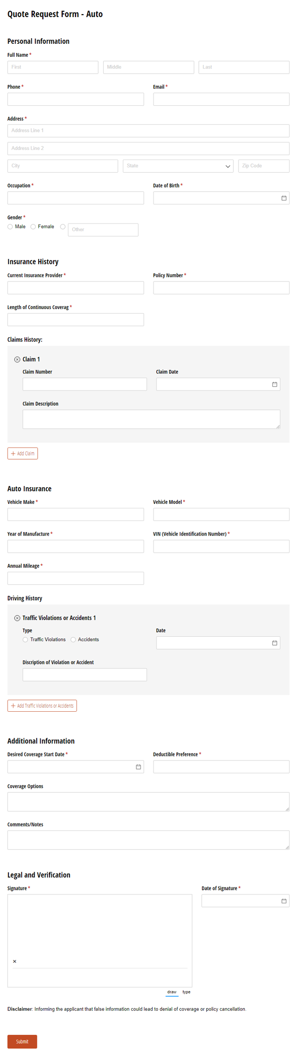 Go to Auto Insurance Quote Request Form template