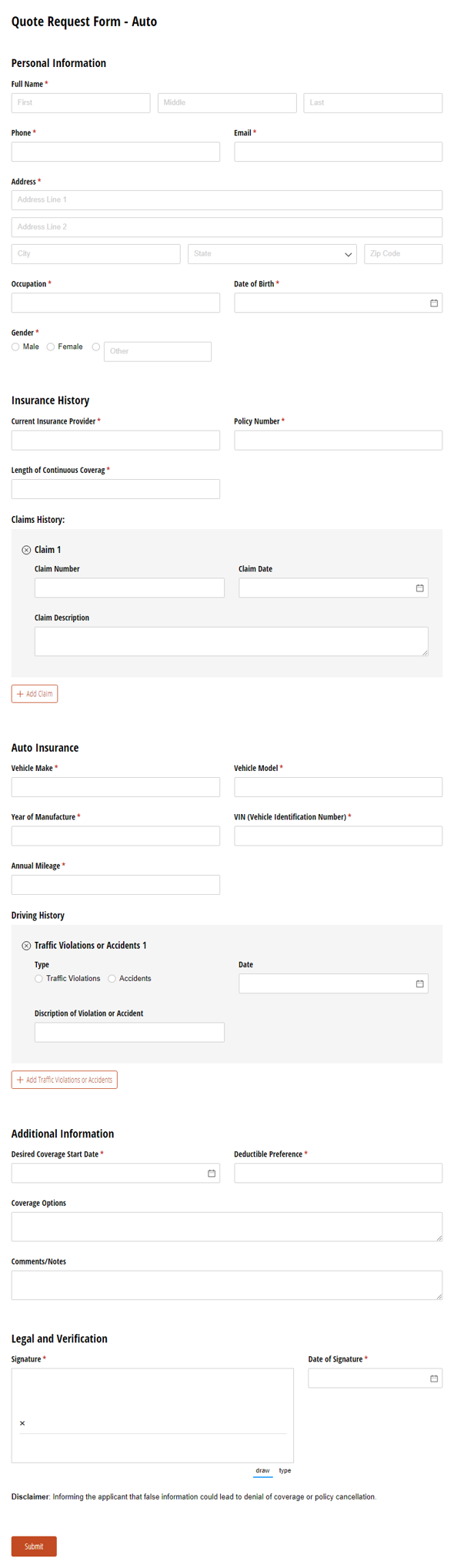 Go to Auto Insurance Quote Request Form template