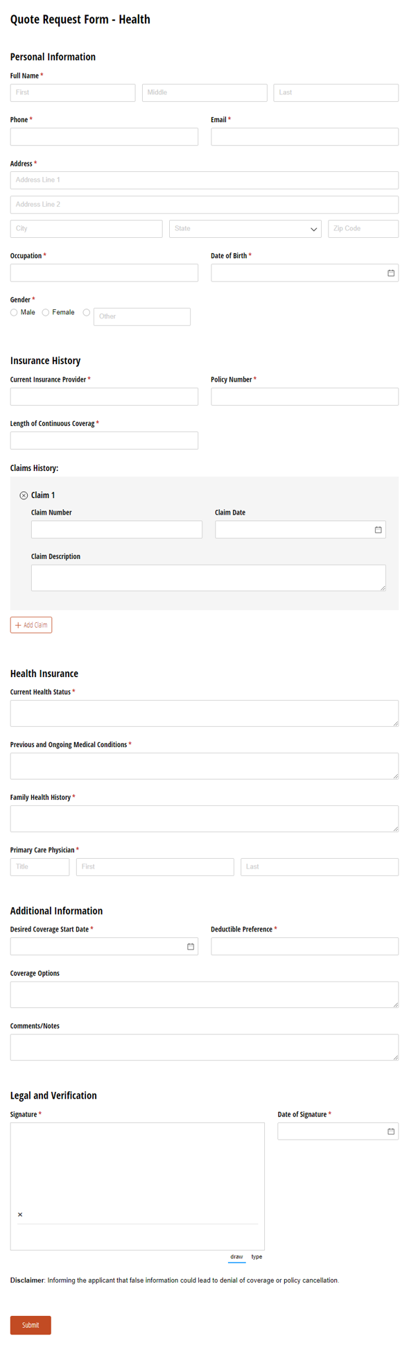 Go to Health Insurance Quote Request Form template