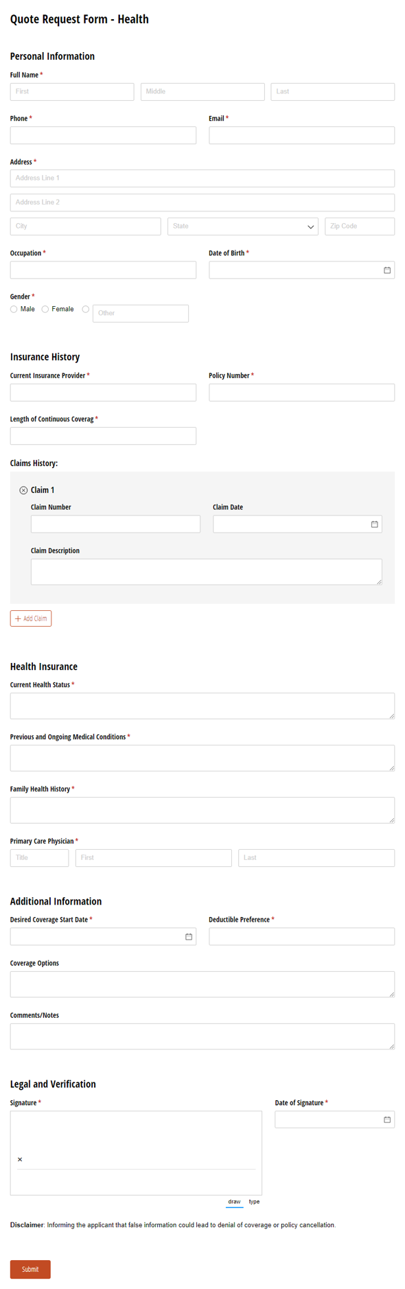 Go to Health Insurance Quote Request Form template