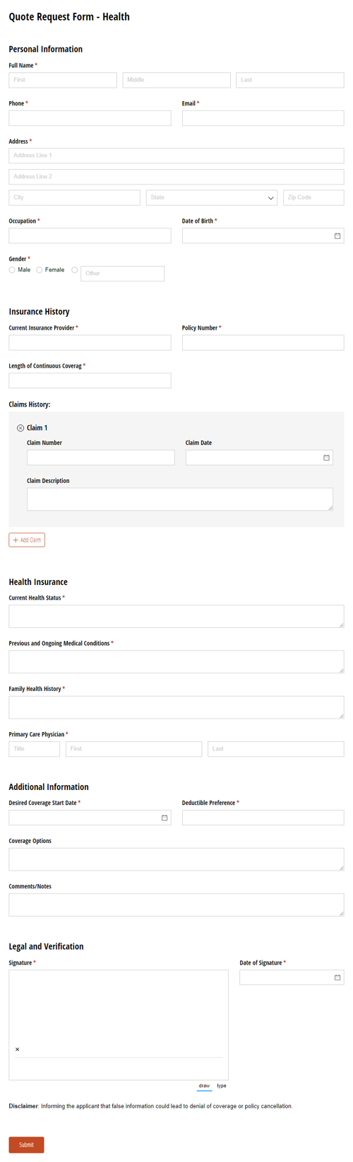 Go to Health Insurance Quote Request Form template