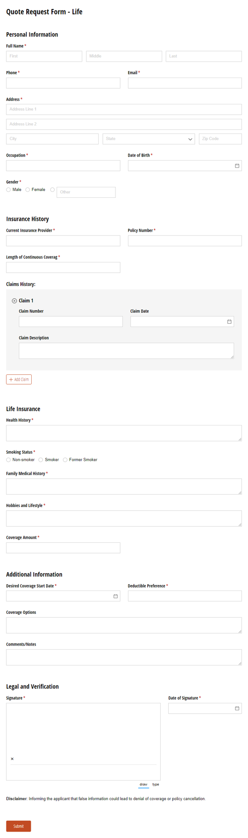 Go to Life Insurance Quote Request Form template