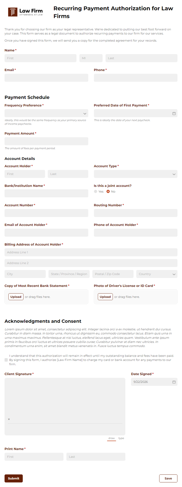 Go to Recurring Payment Authorization for Law Firms template