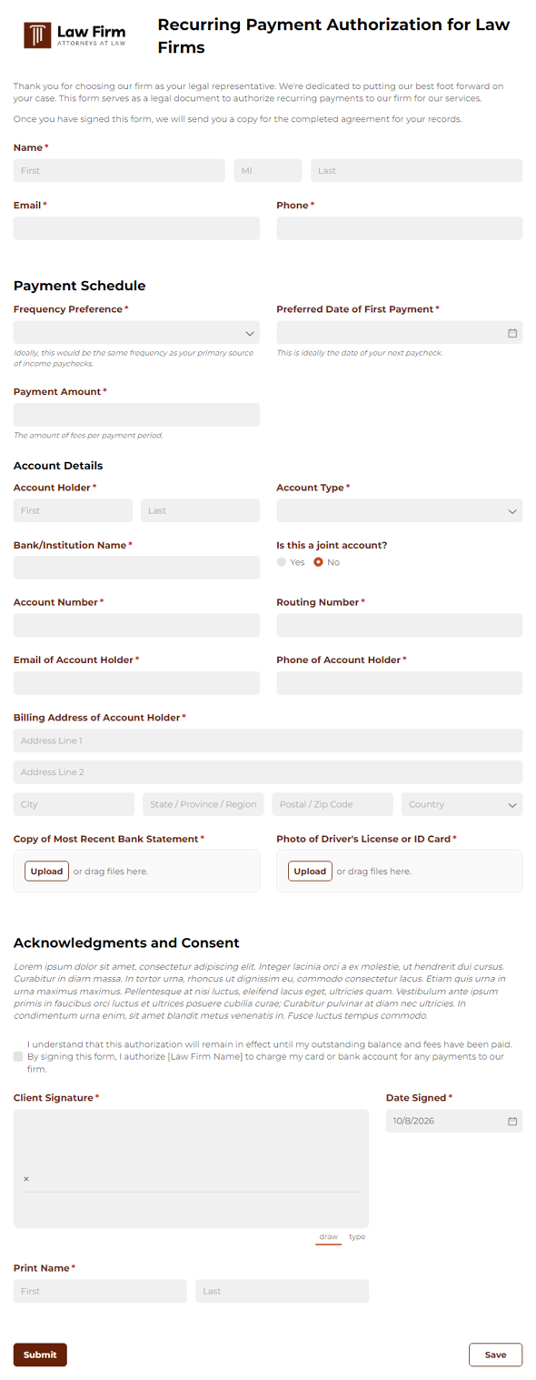 Go to Recurring Payment Authorization for Law Firms template